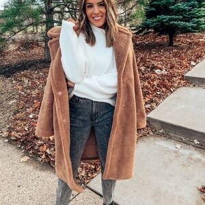 NWT EXPRESS Faux Shearling Sherpa Teddy Coat Jacket WOMENS Small Caramel Brown